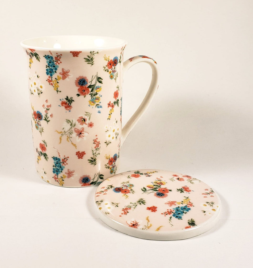 Pink Floral Mug with Coaster